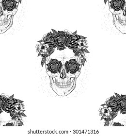 Seamless pattern background skull with flowers ,rose in eyes.White background.