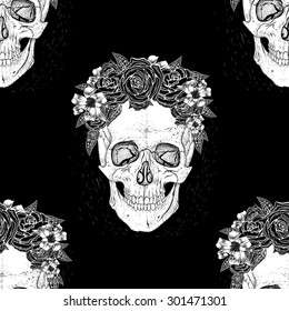 Seamless pattern background skull with flowers.Black background.