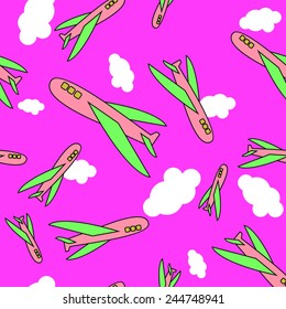 Seamless pattern background sky and vektonyj, cartoon airplanes, clouds