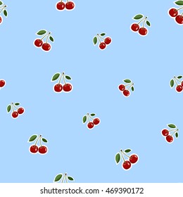 Seamless pattern background, small cherry red stickers different sizes ripe berrie. Blue background