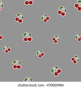 Seamless pattern background, small cherry red stickers different sizes ripe berrie. Gray background