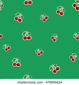 Seamless pattern background, small cherry red stickers different sizes ripe berrie. Green background