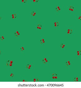 Seamless pattern background, small cherry red different sizes ripe berrie. Green background
