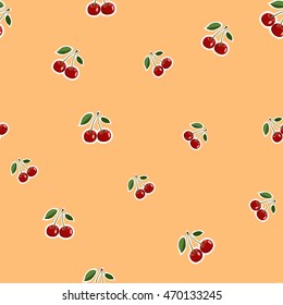 Seamless pattern background, small cherry red stickers different sizes ripe berrie. Orange background