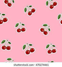 Seamless pattern background, small cherry red stickers same sizes ripe berries. Pink background
