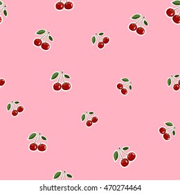 Seamless pattern background, small cherry red stickers different sizes ripe berries. Pink background