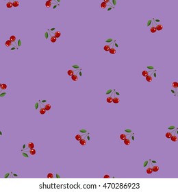 Seamless pattern background, small cherry red same sizes ripe berrie. Purple background
