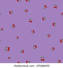 Seamless pattern background, small cherry red different sizes ripe berrie. Purple background