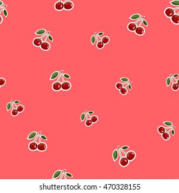 Seamless pattern background, small cherry red stickers different sizes ripe berrie. Red background