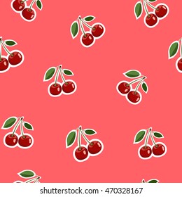 Seamless pattern background, small cherry red stickers same sizes ripe berrie. Red background