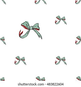 Seamless pattern background with small green dotted bow. Vector backdrop for holiday decorating greeting cards for wedding, bridal, birthday, Valentine's day, new year, Christmas.