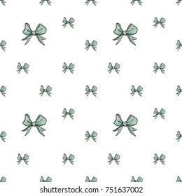 Seamless pattern background with small green stripped bow. Vector backdrop for holiday decorating greeting cards for wedding, bridal, birthday, Valentine's day, new year, Christmas.