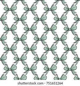 Seamless pattern background with small green stripped bow. Vector backdrop for holiday decorating greeting cards for wedding, bridal, birthday, Valentine's day, new year, Christmas.