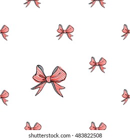 Seamless pattern background with small red stripped bow. Vector backdrop for holiday decorating greeting cards for wedding, bridal, birthday, Valentine's day, new year, Christmas.