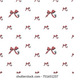 Seamless pattern background with small red dotted bow. Vector backdrop for holiday decorating greeting cards for wedding, bridal, birthday, Valentine's day, new year, Christmas.