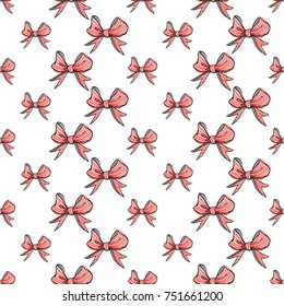 Seamless pattern background with small red stripped bow. Vector backdrop for holiday decorating greeting cards for wedding, bridal, birthday, Valentine's day, new year, Christmas.