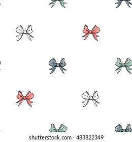 Seamless pattern background with small white, green, blue, red stripped bow. Vector backdrop for holiday decorating greeting cards for wedding, bridal, birthday, Valentine's day, new year, Christmas.