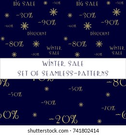 Seamless pattern background with snowflake. Winter design for sale period with percent of discount. Christmas, New Year template. Illustration for banner, greeting card, postcard, advertising, flyer.