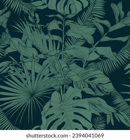 Seamless pattern background with Solomon's seal (Polygonatum multiflorum), palms, monstera leaf drawing illustration. Exotic tropical line illustration.