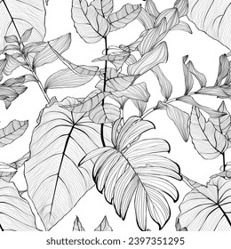 Seamless pattern background with Solomon's seal (Polygonatum multiflorum), palms, monstera leaf drawing illustration. Exotic tropical line illustration.