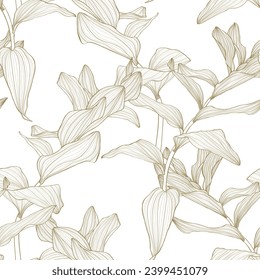 Seamless pattern background with Solomon's seal (Polygonatum multiflorum) drawing illustration. Exotic tropical line illustration.