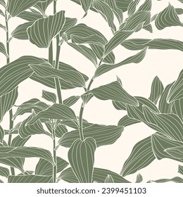 Seamless pattern background with Solomon's seal (Polygonatum multiflorum) drawing illustration. Exotic tropical line illustration.