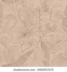 Fondo de patrón sin foco con foca de Salomón (Polygonatum multiflorum), palmas, ilustración de dibujo de hojas de monstera, flores exóticas. Ilustración de línea tropical exótica.