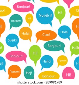 Seamless Pattern Background of Speech Bubble with Hello Word on Different Languages (Danish, Spanish, Russian, English, German, Italian, Lithuanian, French) Vector Illustration EPS10