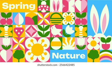 Seamless Pattern background for Spring Design. Abstract geometric elements icons with symbols, Easter, nature, flowers, etc in a Bauhaus style, vector illustration