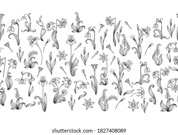 Seamless pattern, background with spring flowers in vintage, retro, art nouveau style. Vector illustration. Isolated on black background.