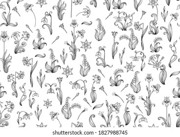 Seamless pattern, background with spring flowers in vintage, retro, art nouveau style. Vector illustration. Isolated on black background.