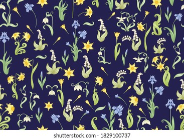 Seamless pattern, background with spring flowers in vintage, retro, art nouveau style. Vector illustration. Isolated on black background.