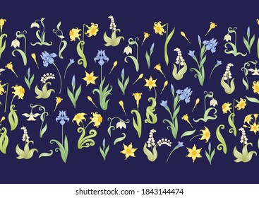 Seamless pattern, background with spring flowers in vintage, retro, art nouveau style. Vector illustration. Isolated on black background.