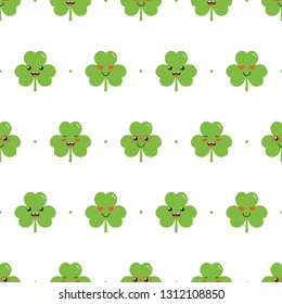 Seamless pattern background for St. Patrick's Day design with cute cartoon shamrock, clover leaves characters and dots.