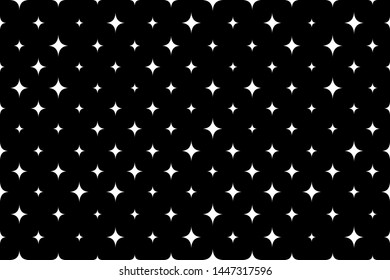 Seamless pattern. Background starry sky. Endless stars shining, sparkling, glowing and twinkling. Random size stars. Bright abstract texture with sparks. Repeating design with sparks silhouette 