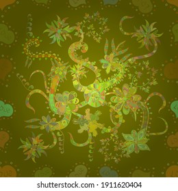 Seamless pattern background. - stock. Doodles on green, neutral and yellow colors. Design wrapping and gift paper, greeting cards, banner and posters design. Watercolor, hand drawn. Vector sketch.