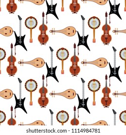 Seamless pattern background stringed musical instruments classical orchestra art sound tool and acoustic symphony stringed fiddle wooden equipment vector illustration