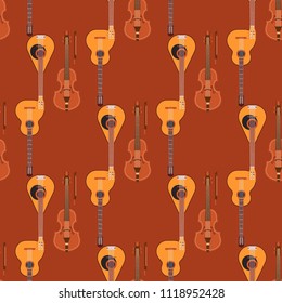 Seamless pattern background stringed musical instruments classical orchestra art sound tool and acoustic symphony stringed fiddle wooden equipment vector illustration