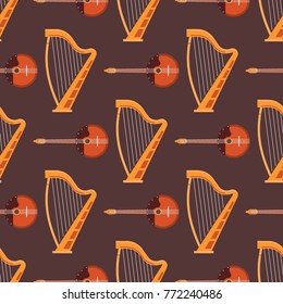 Seamless pattern background stringed musical instruments classical orchestra art sound tool and acoustic symphony stringed fiddle wooden equipment vector illustration