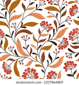 Seamless pattern background of stylized leaves and berries.