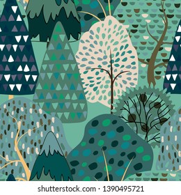 Seamless pattern background with stylized summer trees.