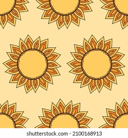 Seamless Pattern Background With Stylized Sun Icon For Shrovetide Or Maslenitsa Rusian Holiday. Folklore Art, Traditional Symbol Backdrop For Pancake Week.