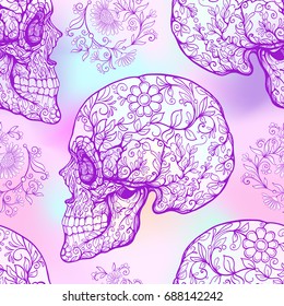 Seamless pattern, background with  sugar skull and floral patter