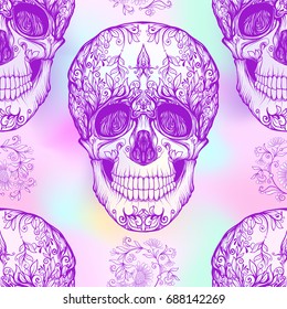 Seamless pattern, background with  sugar skull and floral patter