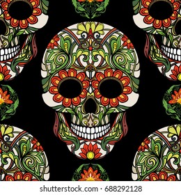 Seamless pattern, background with sugar  skull and floral patter