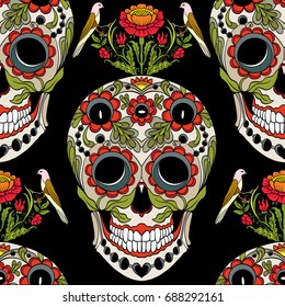 Seamless pattern, background with sugar  skull and floral patter