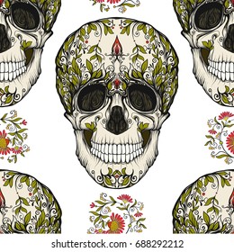 Seamless pattern, background with sugar  skull and floral patter