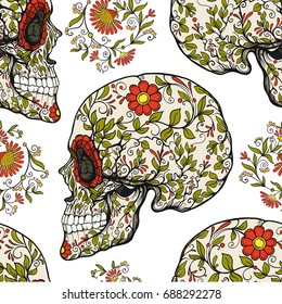 Seamless pattern, background with sugar  skull and floral patter