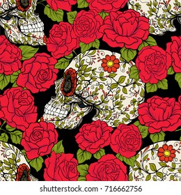 Seamless Pattern, Background With Sugar  Skull And Red Roses.