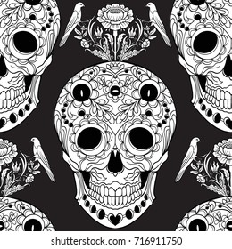 Seamless pattern, background with sugar  skull and floral pattern